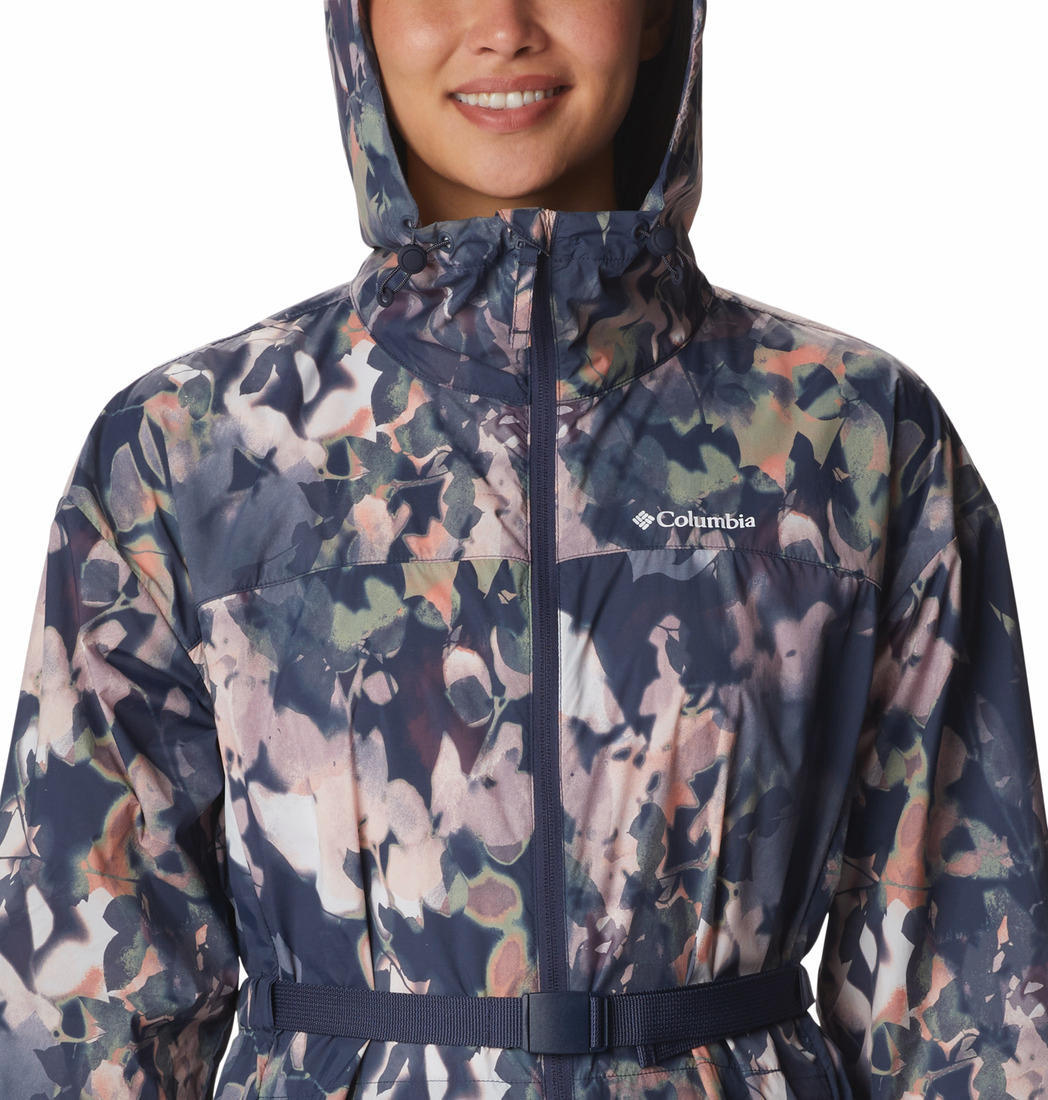 A Women Wearing Columbia Women Navy Blue Parkette Long Wind Jacket (Sun Protection)
