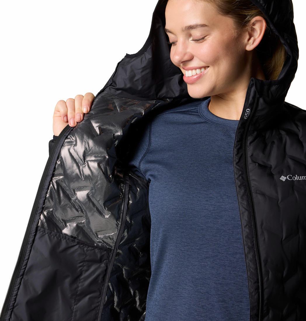 A Women Wearing Columbia Women Black Delta Ridge II Down Hooded Jacket