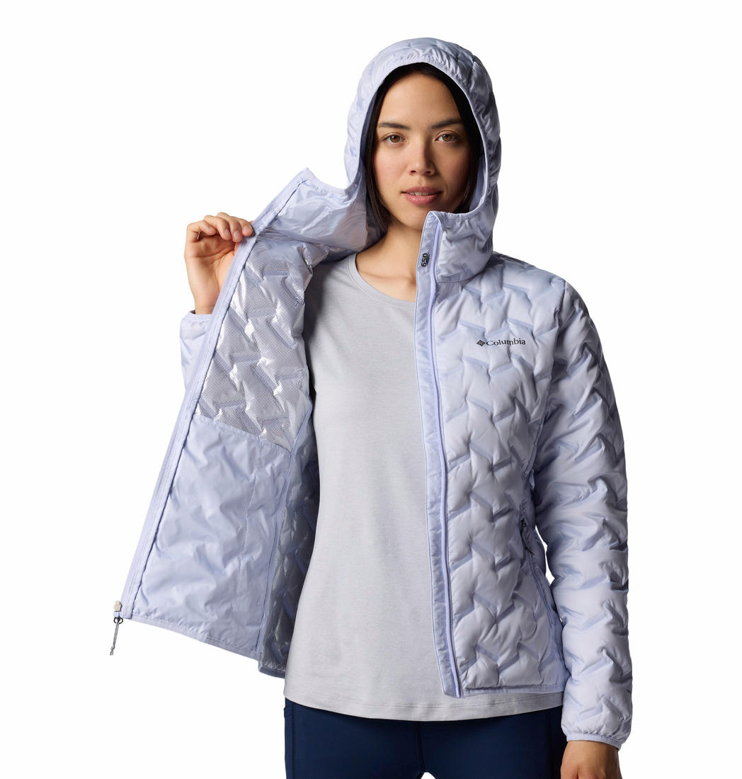 A Women Wearing Columbia Women Purple Delta Ridge II Down Hooded Jacket