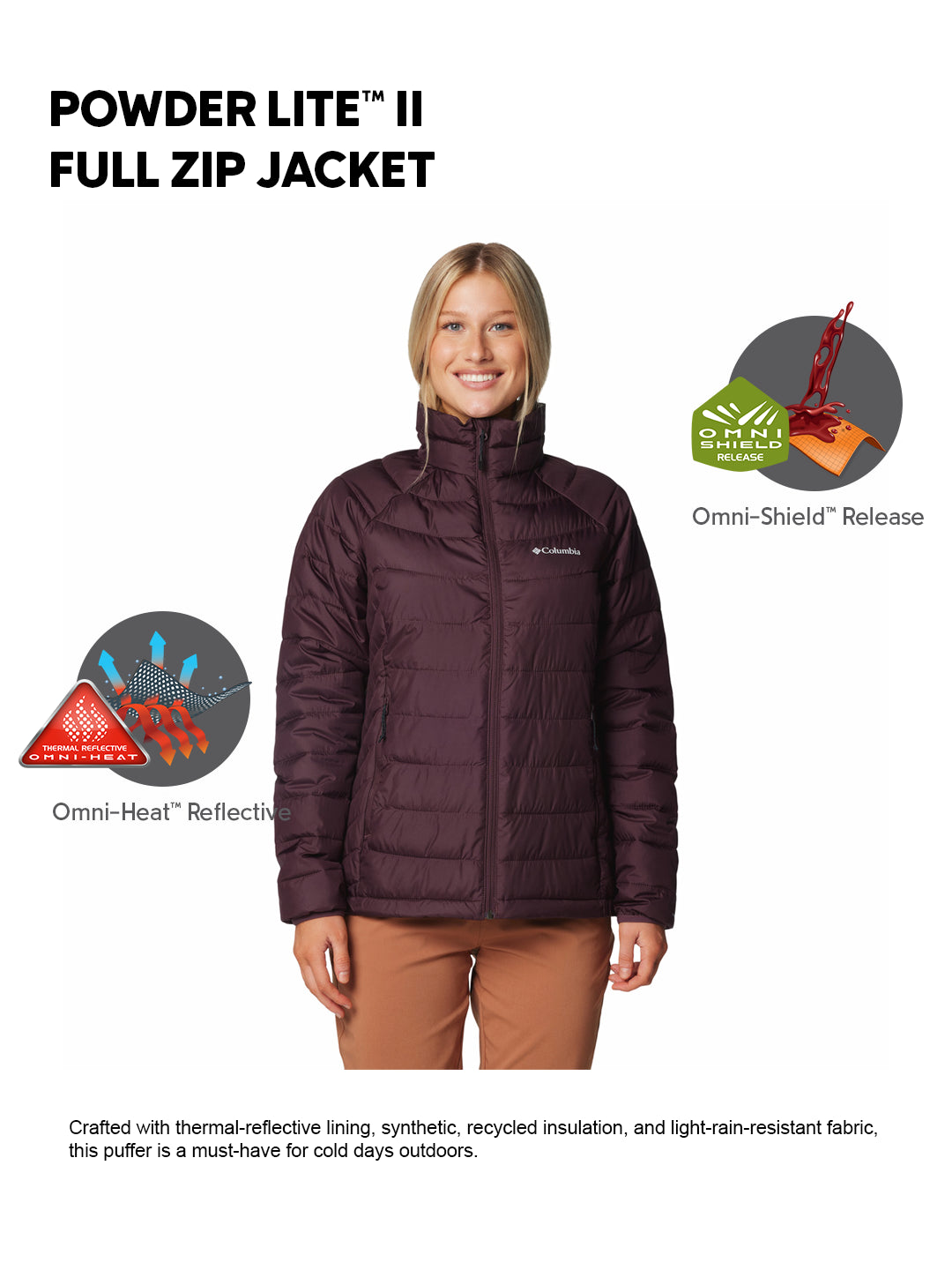 Columbia Women Maroon OmniHeat Reflective Powder Lite II Down Jacket