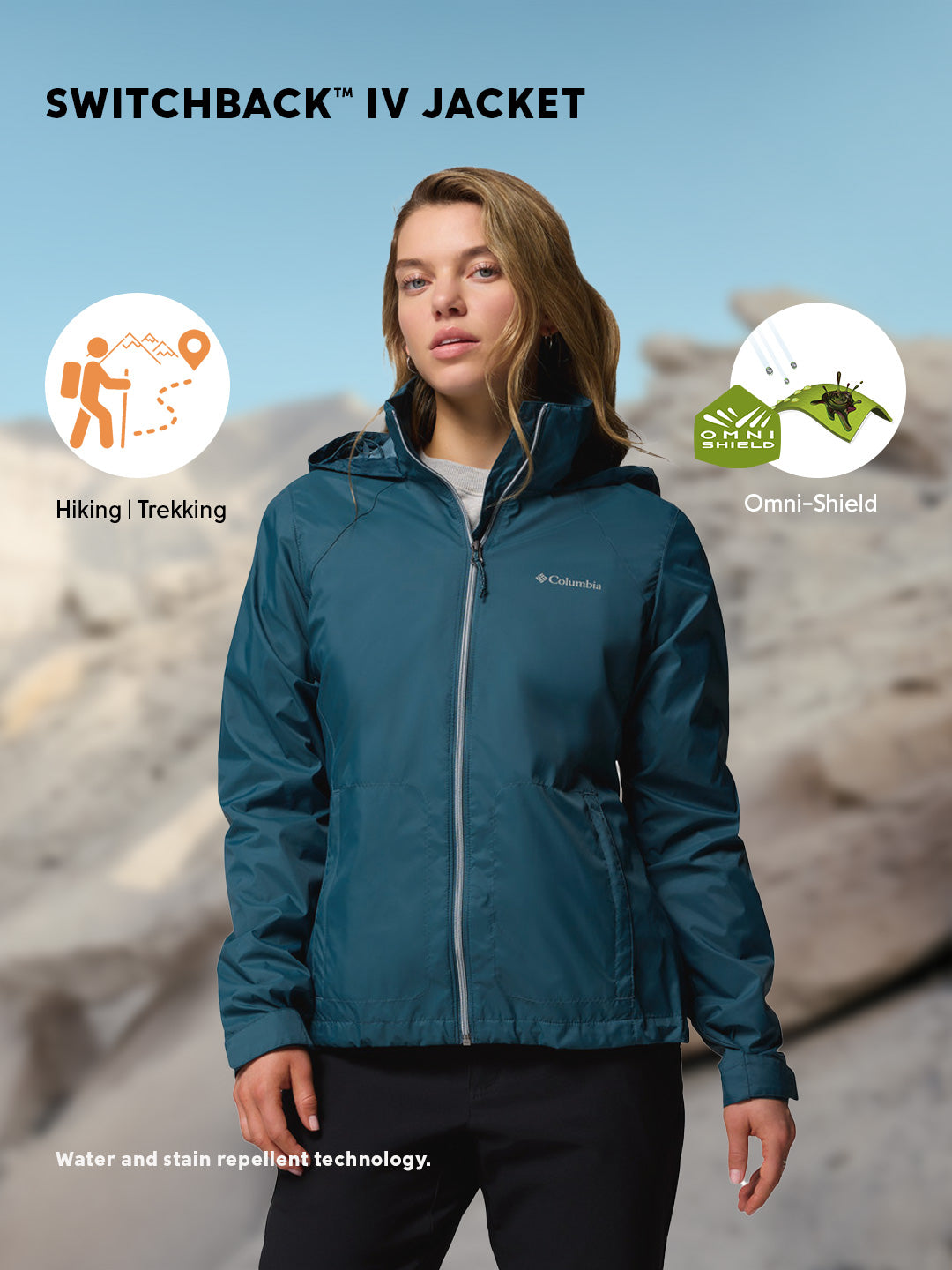 Columbia Women's Blue Omni-Shield Switchback IV Lightweight Waterproof Rain Jacket