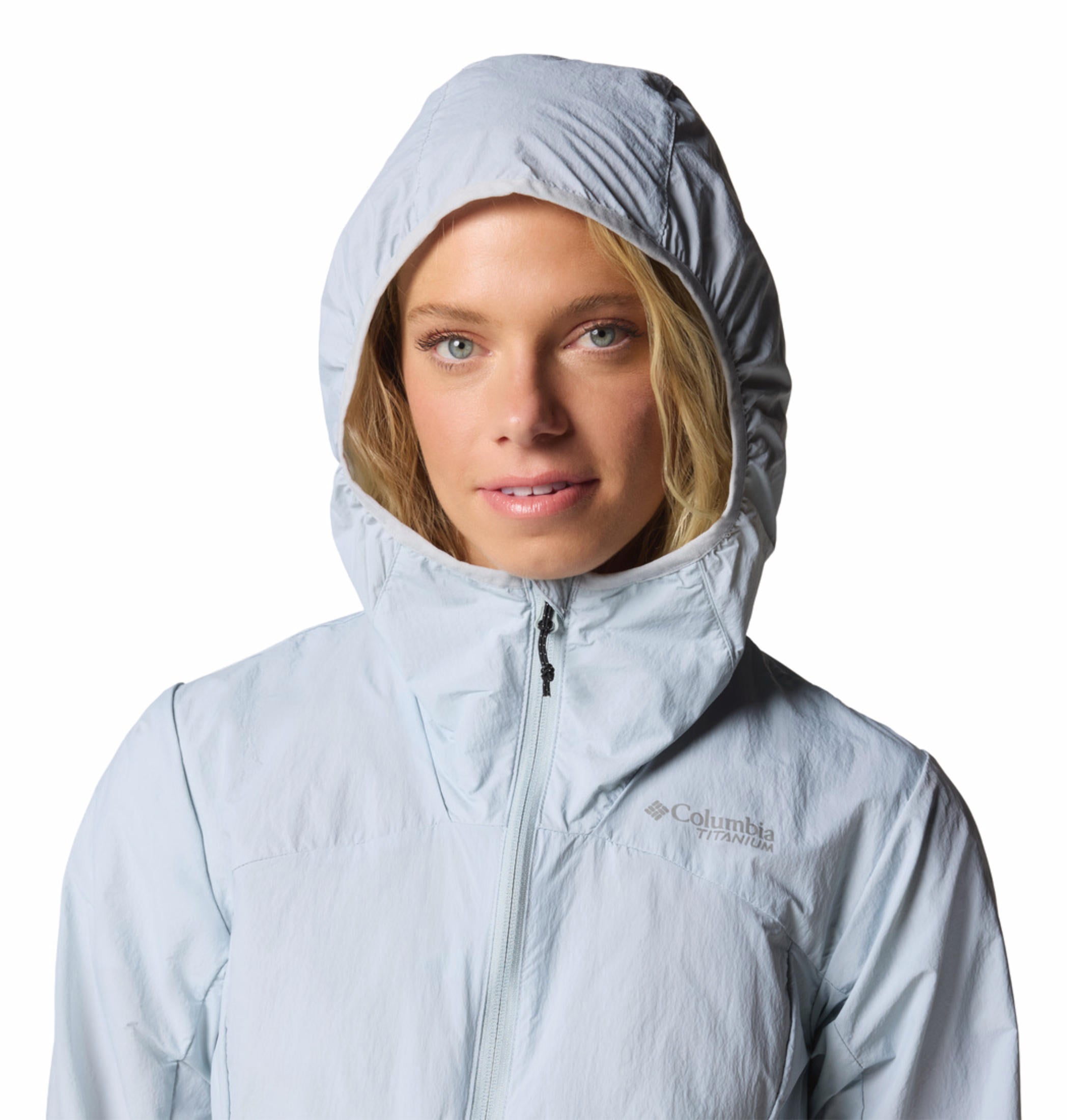 A Women Wearing Columbia Women Grey Loop Trail III Windbreaker (Sun Protection)