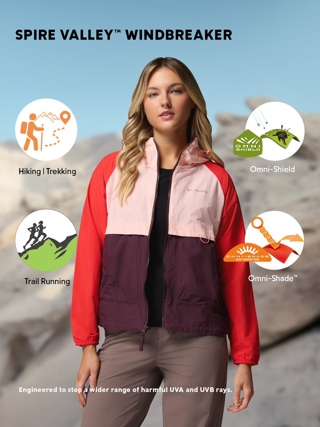 Columbia Women's Pink Omni-Shade Spire Valley Lightweight Windbreaker Jacket
