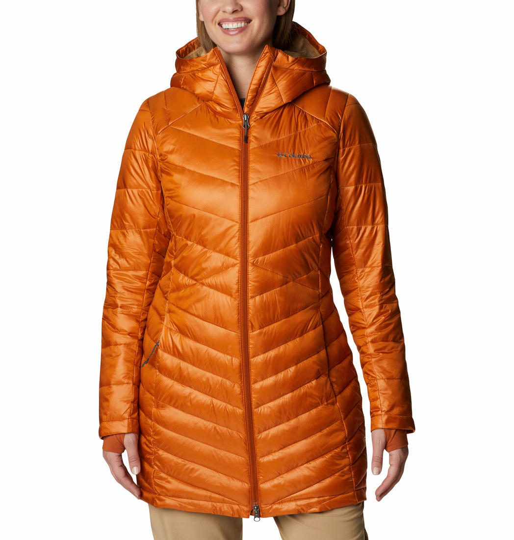 A Women Wearing Columbia Women Orange Joy Peak Mid Jacket