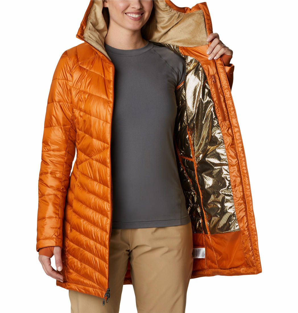 A Women Wearing Columbia Women Orange Joy Peak Mid Jacket