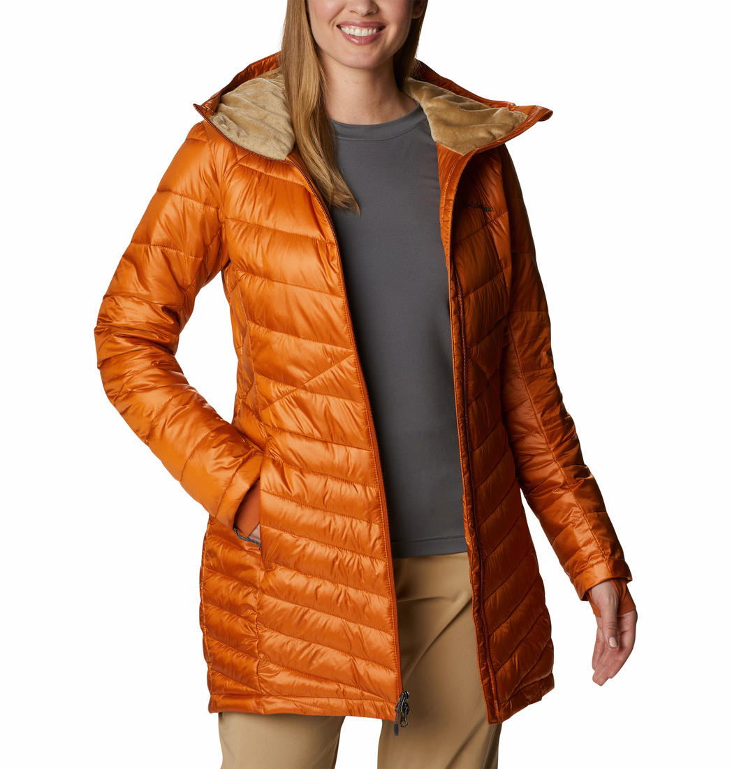 A Women Wearing Columbia Women Orange Joy Peak Mid Jacket