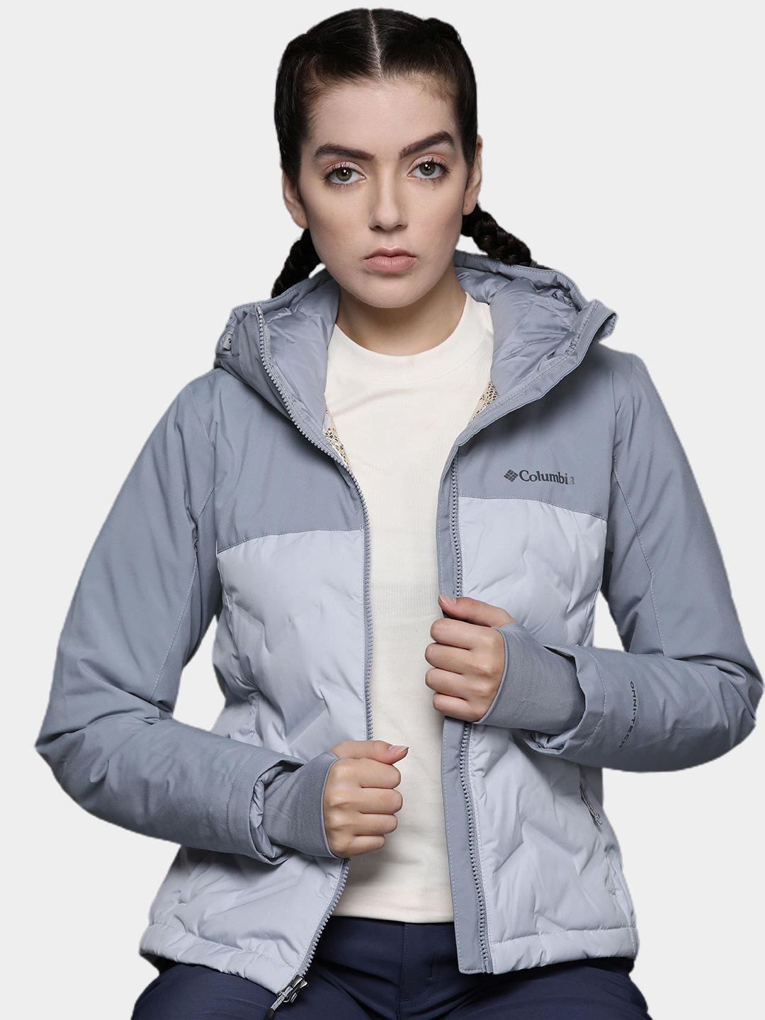 A Women Wearing Columbia Women Grey Grand Trek II Down Jacket