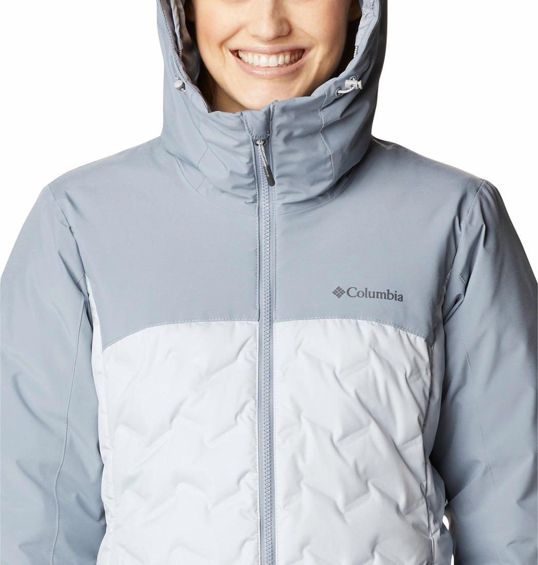 A Women Wearing Columbia Women Grey Grand Trek II Down Jacket