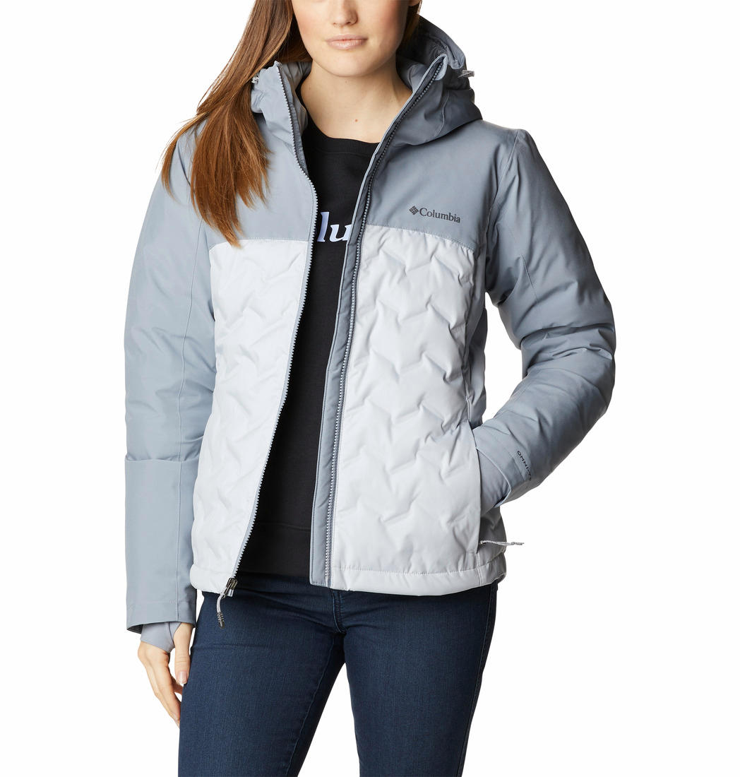 A Women Wearing Columbia Women Grey Grand Trek II Down Jacket
