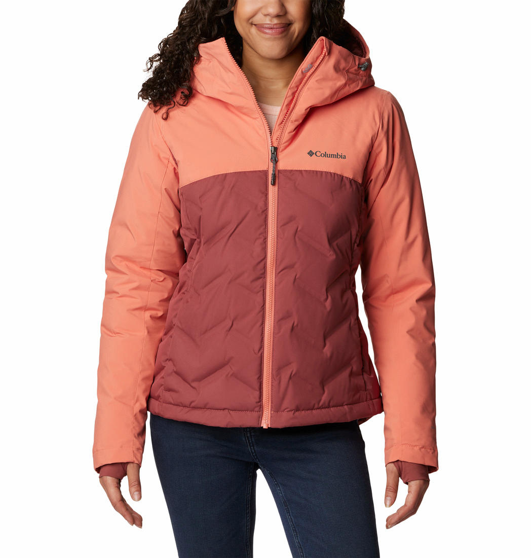 A Women Wearing Columbia Women Pink Grand Trek II Down Jacket