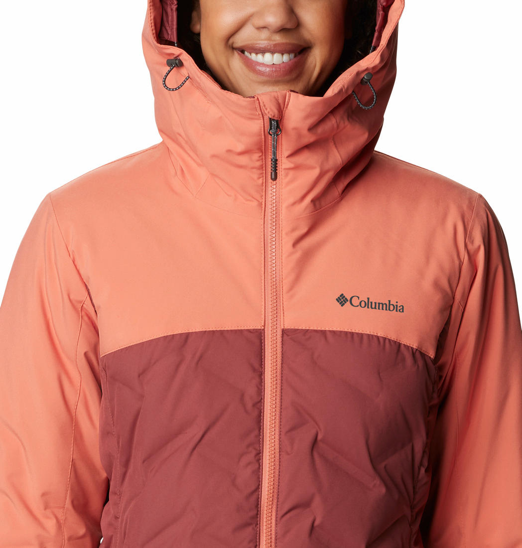 A Women Wearing Columbia Women Pink Grand Trek II Down Jacket