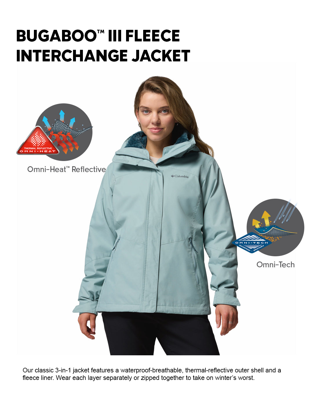 Columbia Women Blue OmniHeat Reflective Bugaboo III Fleece Interchangeable Jacket