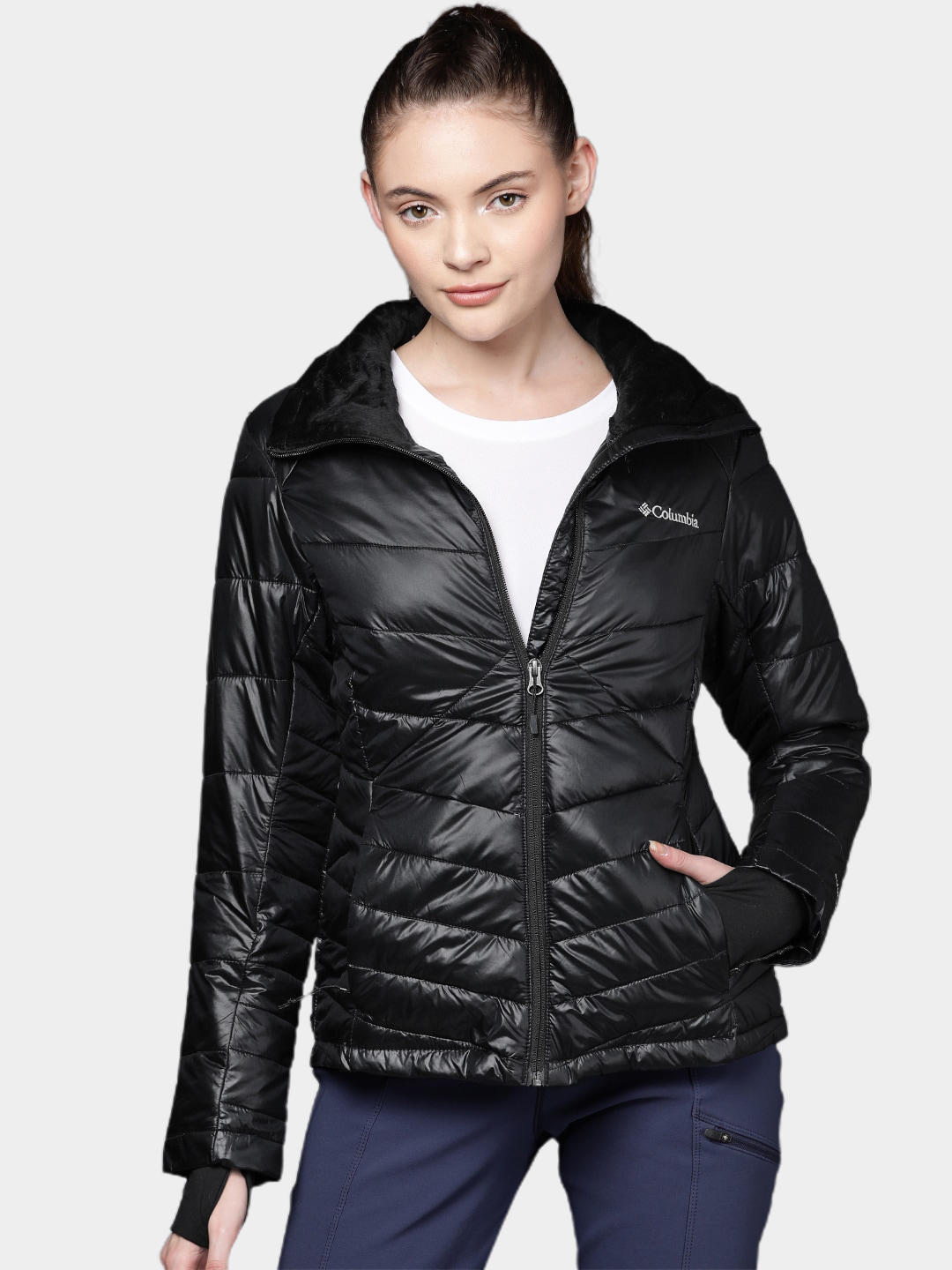 A Women Wearing Columbia Women Black Joy Peak Jacket