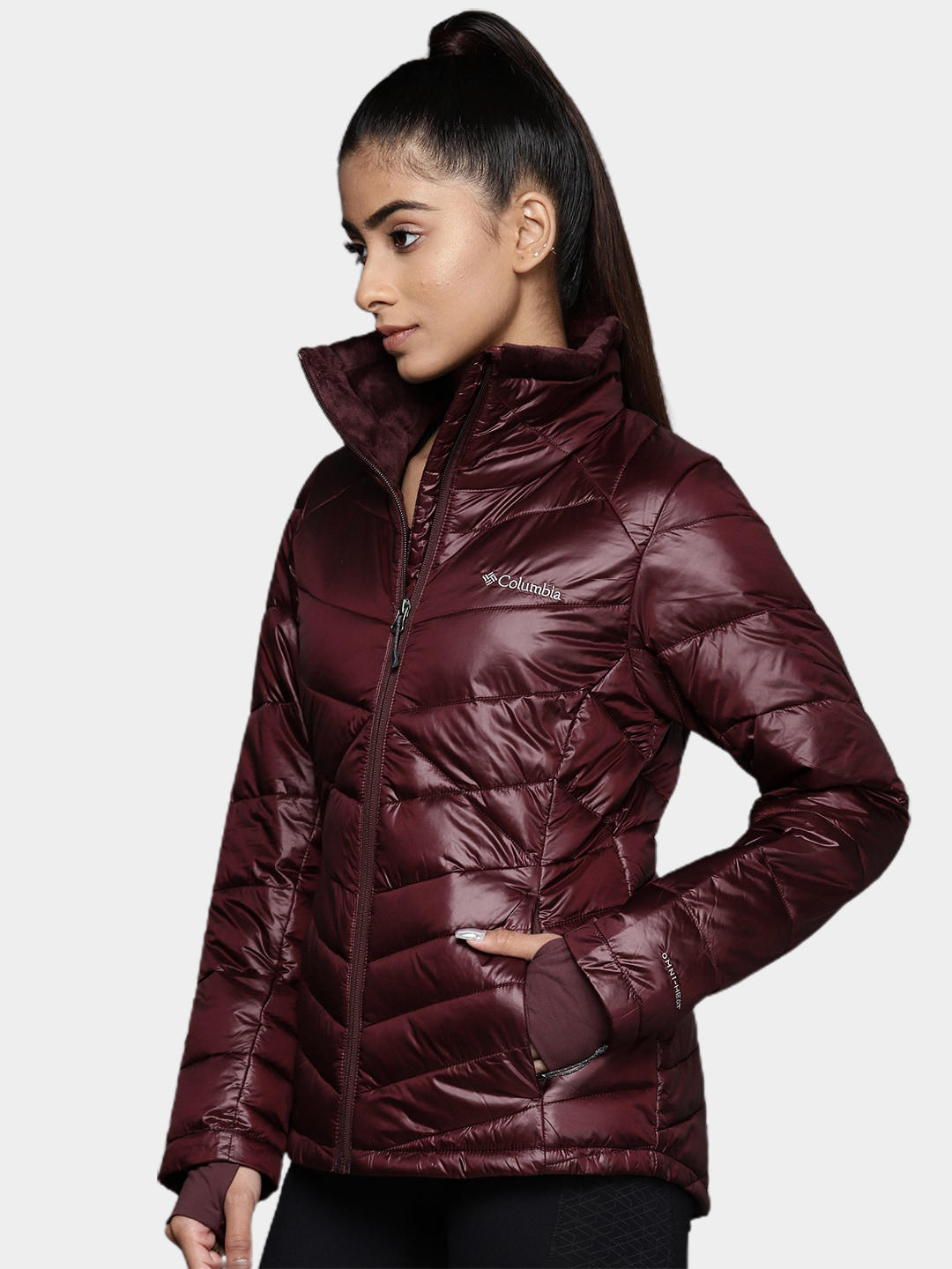 A Women Wearing Columbia Women Maroon Joy Peak Jacket