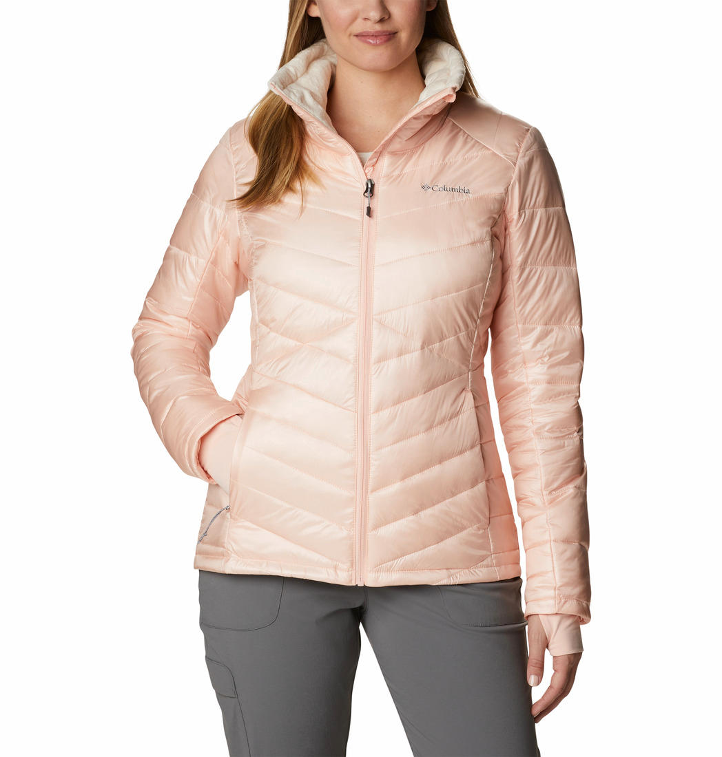 A Women Wearing Columbia Women Peach Joy Peak Jacket