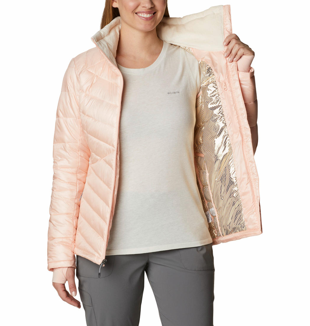 A Women Wearing Columbia Women Peach Joy Peak Jacket