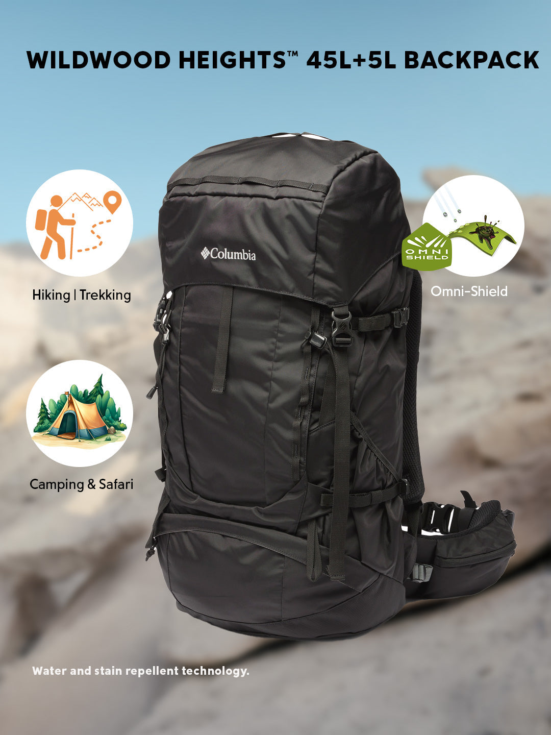 Columbia Unisex Black Omni-Shield Wildwood Heights 45L+5L Backpack
