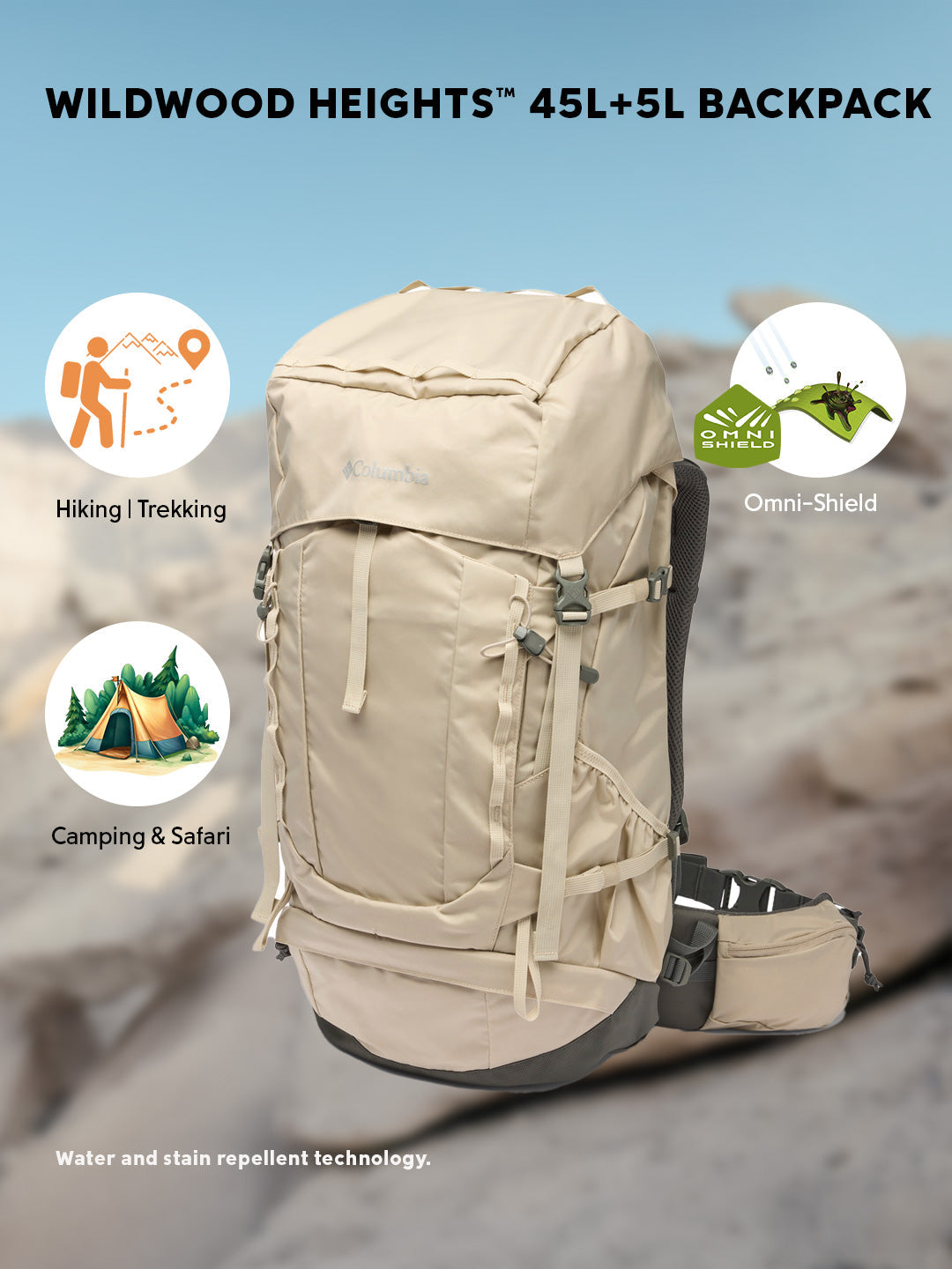 Columbia Unisex Beige Omni-Shield Wildwood Heights 45L+5L Backpack