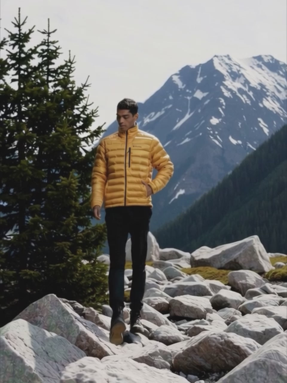 A Men Wearing Columbia Men Yellow Pebble Peak Down Jacket